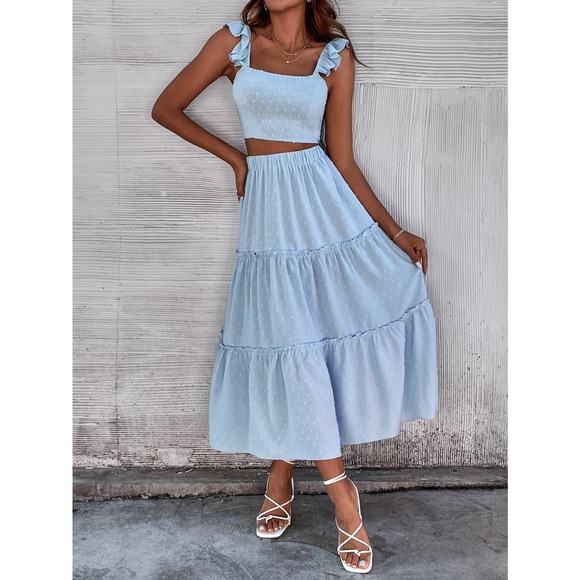 2 piece set: crop top & maxi skirt Swiss Dot Ruffle Trim Top Ruffle Hem blue - Picture 3 of 6